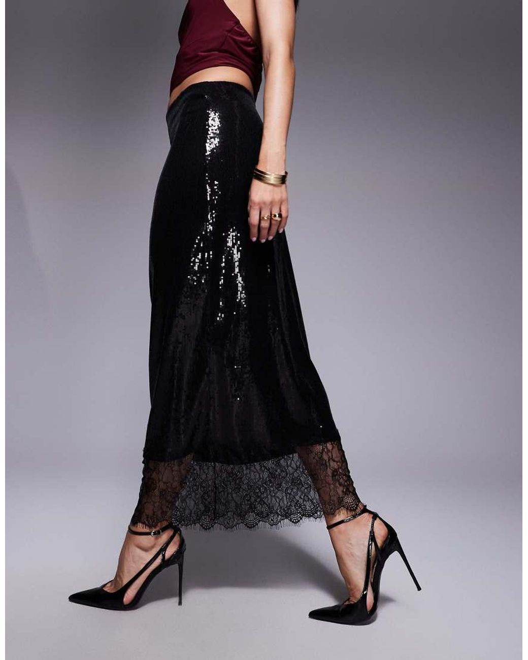 ASOS Blue Sequin Mid-rise Column Skirt With Lace Trim