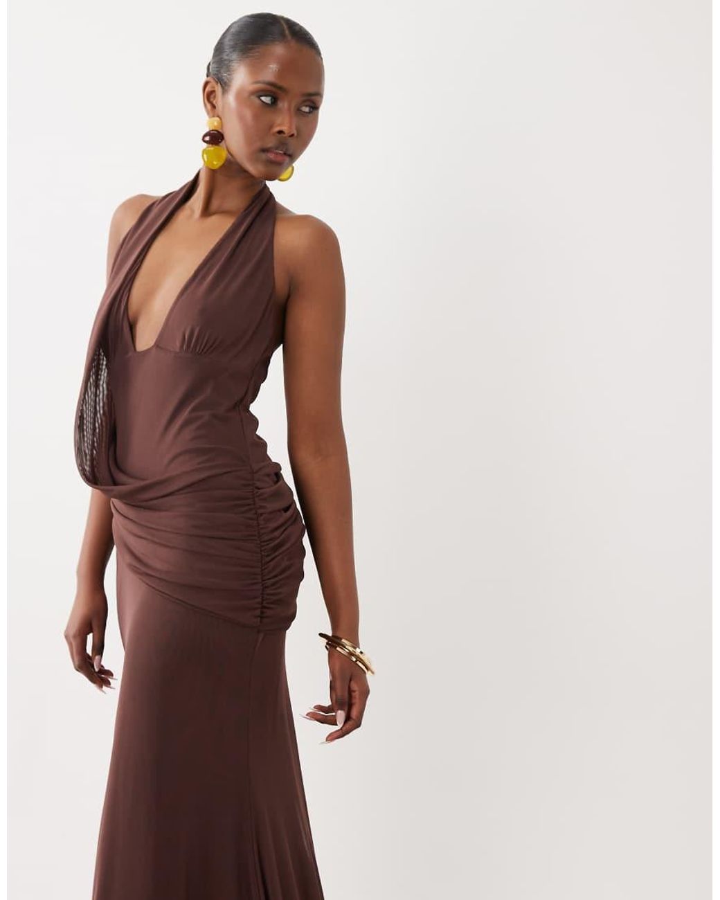 ASOS Brown Mesh Halter Maxi Dress With Draped Sash Detail