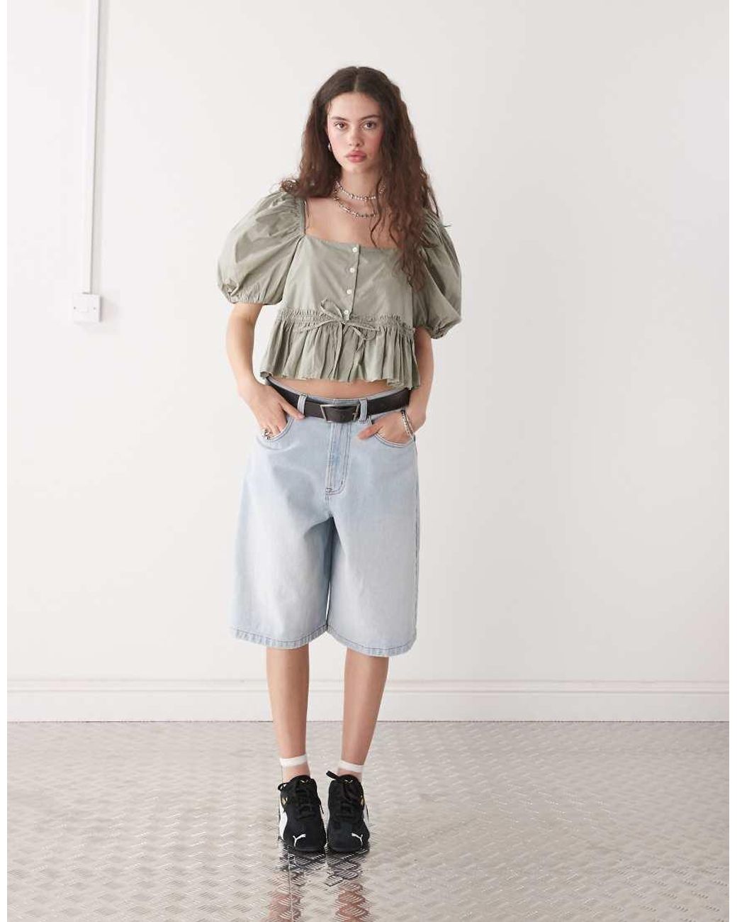Monki Gray Puff Sleeve Milkmaid Peplum Blouse