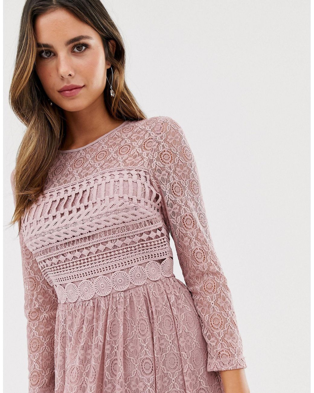 ASOS Lace Midi Skater Dress in Pink | Lyst