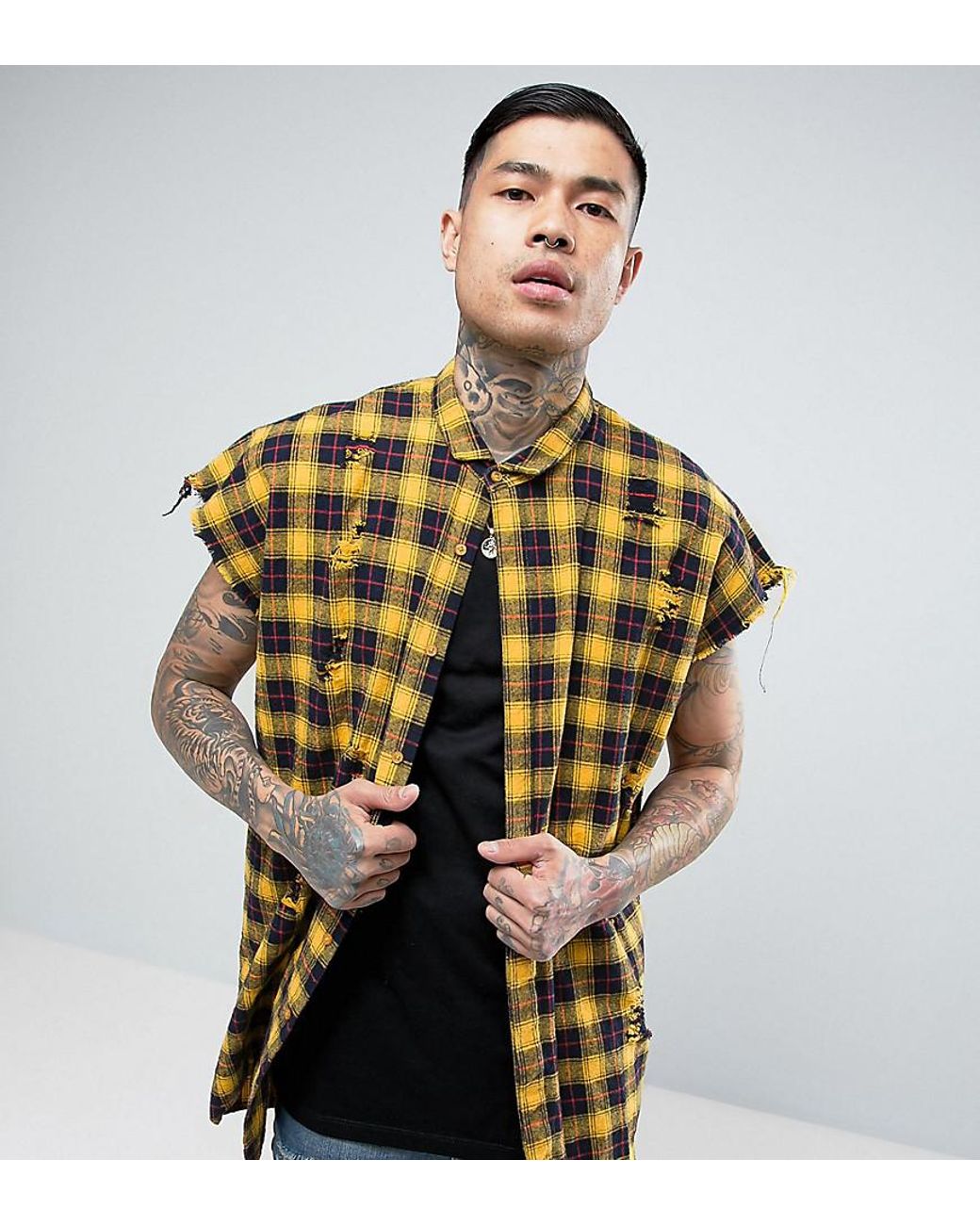 Sixth June Oversized Sleeveless Shirt In Distressed Flannel in Yellow for  Men | Lyst