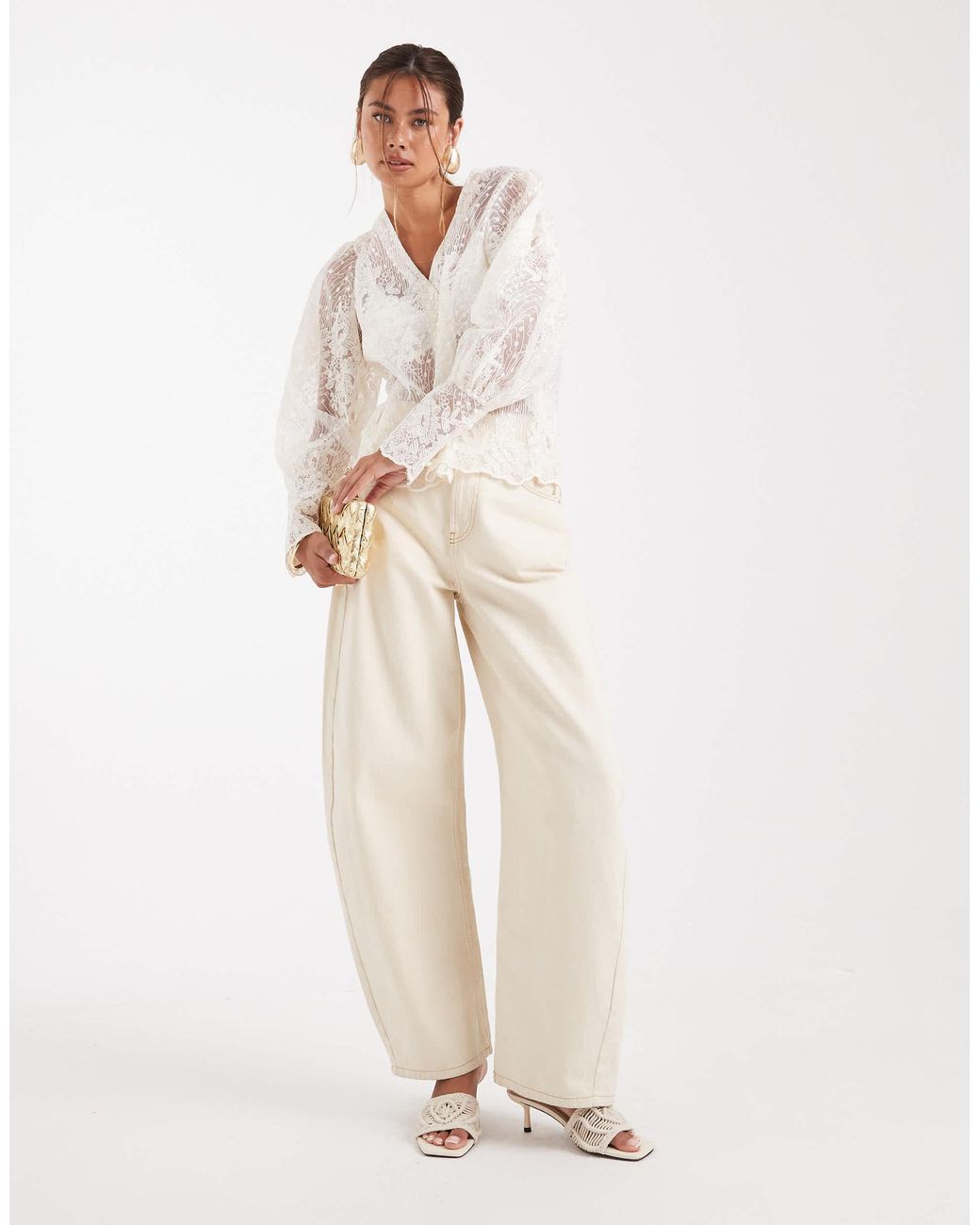 Object Natural Premium Sheer Corded Lace Button Front Blouse