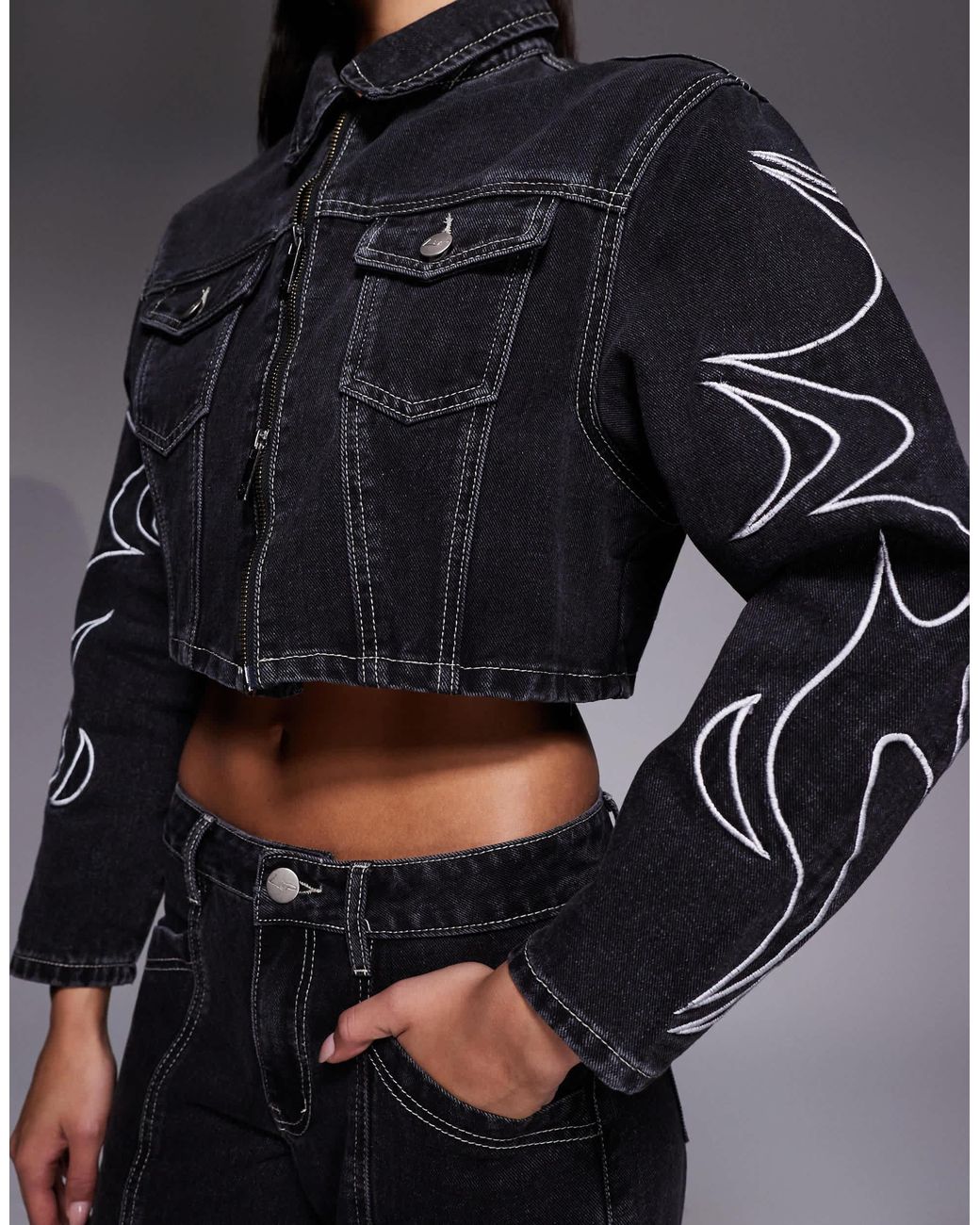 Liquor N Poker Boxy Denim Jacket With Applique Detail in Gray | Lyst