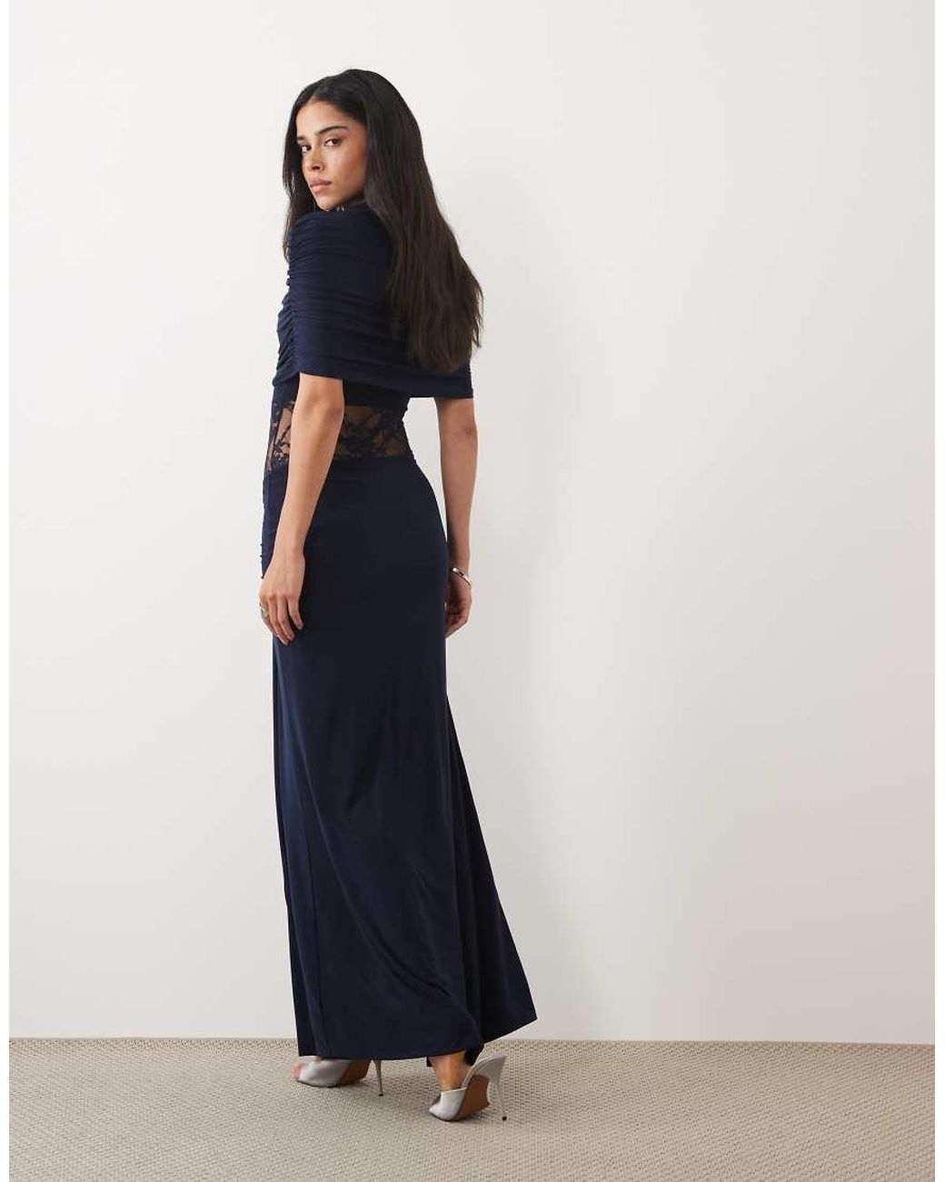 Kaiia Blue Exclusive Double Layered Slinky High Neck Cape Lace Insert Detail Thigh Split Maxi Dress