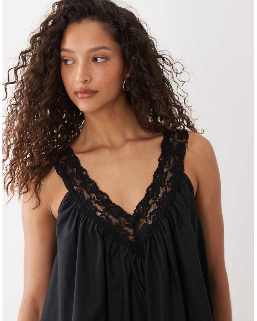 ASOS Black V Neck Smock Poplin Mini Sundress With Lace Overlay