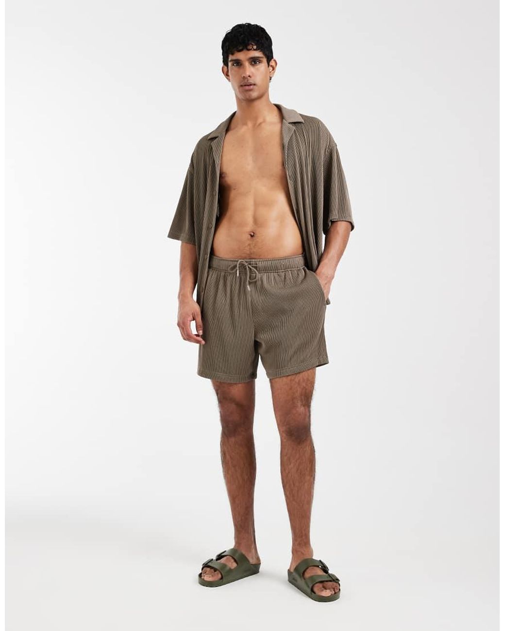 ASOS Brown Co-Ord Oversized Revere Plisse Shirt for men