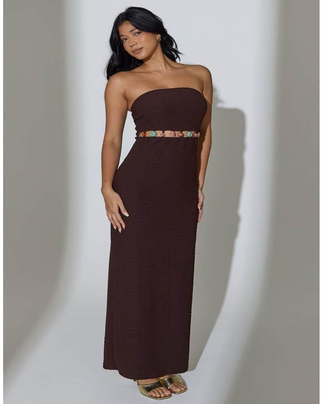 South Beach Brown Crinkle Bead Detail Waist Bandeau Maxi Dress