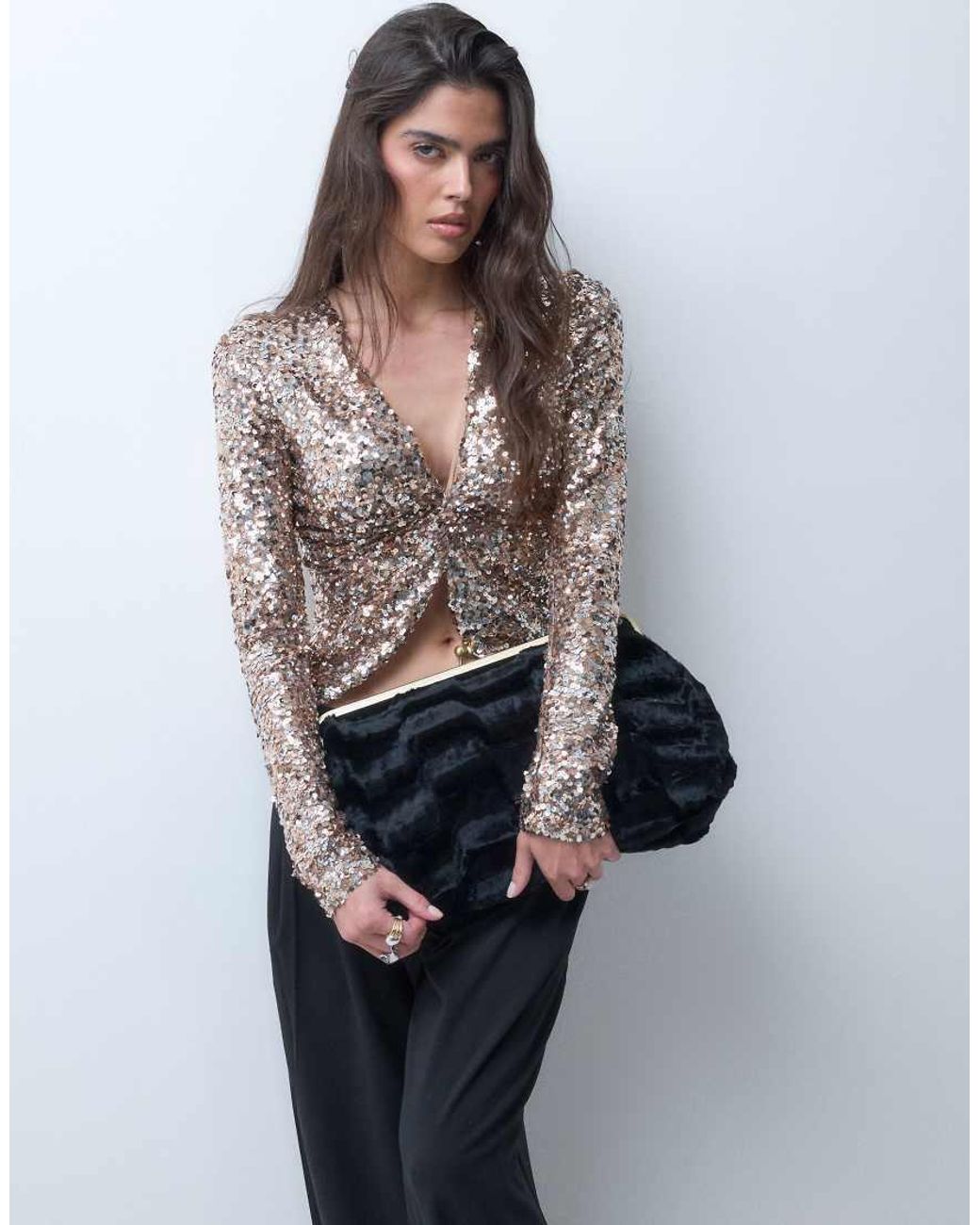 ASOS Brown Sequin Plunge Drape Long Sleeve Top