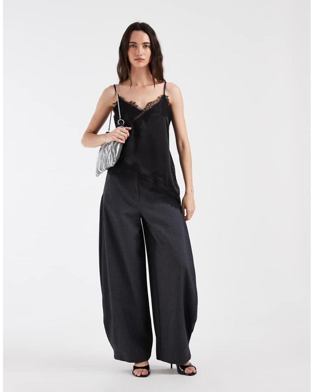 Vero Moda Blue Asymmetric Satin Cami Top With Lace Detail