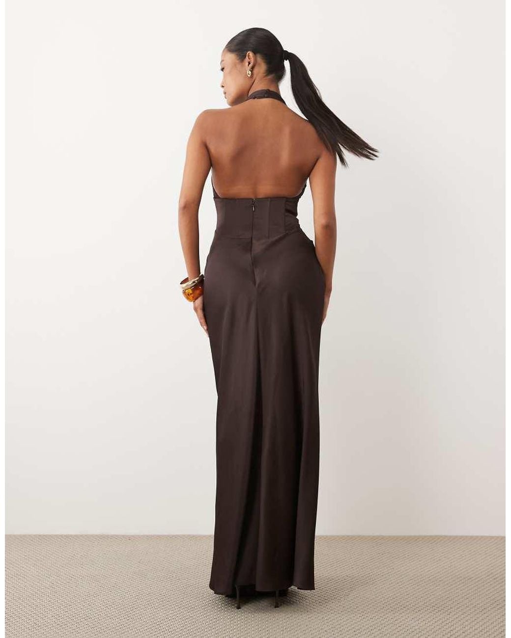 Forever New Brown Satin Plunge Corset Detail Bias Cut Maxi Dress