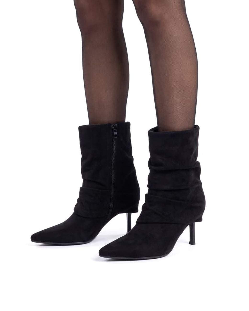 SEQWL Black Slouchy Mid Calf Boots Stiletto Heels With Pointed Toe