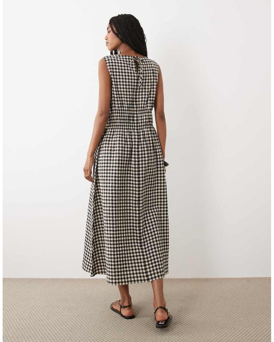 ARKET Brown Cotton Rich Seersucker Cinched Waist Midi Dress