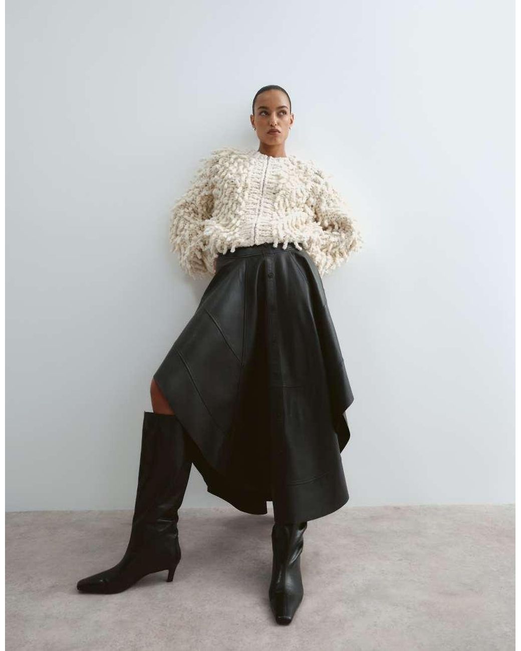 ARRANGE White Premium Leather Button Down Skirt With Seam Detail