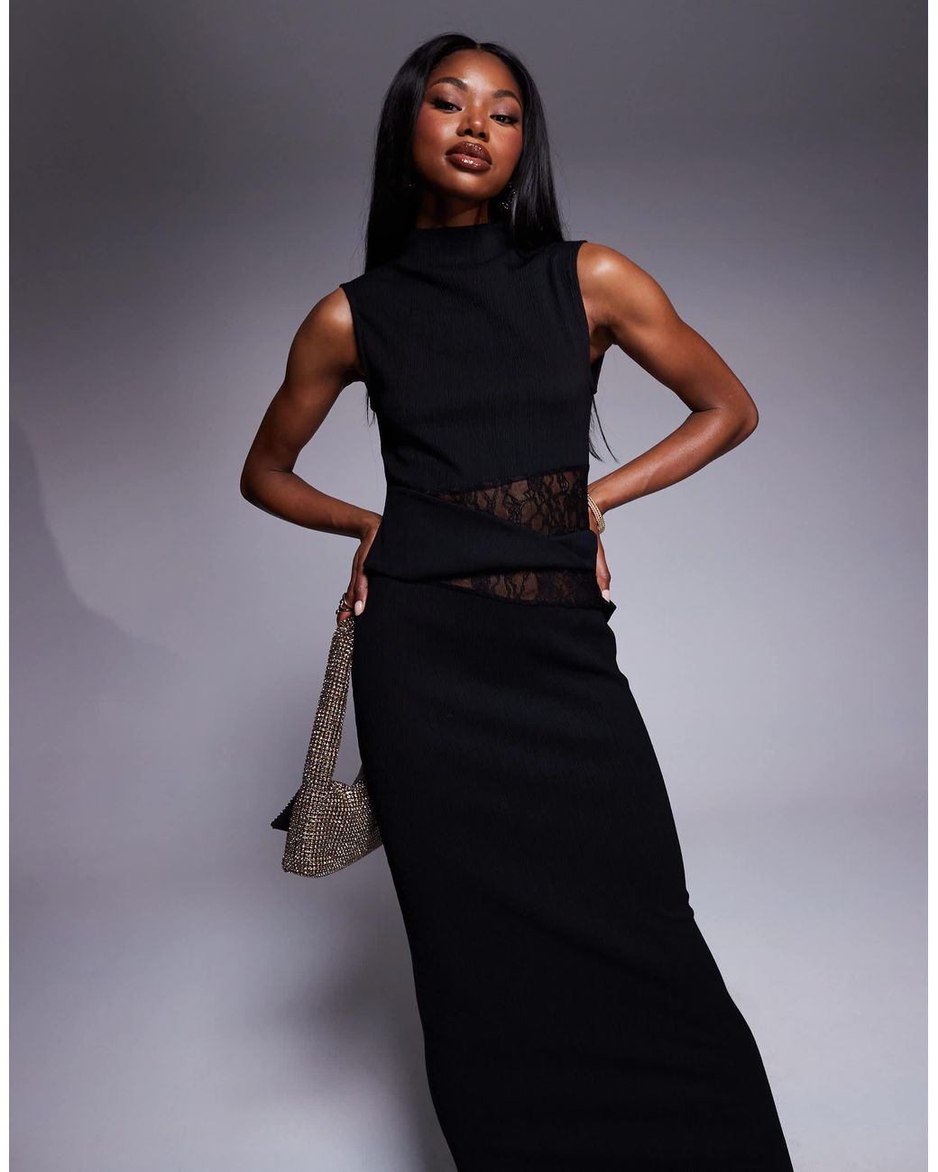 ASOS High Neck Textured Crinkle Midi Dress With Lace Panel Cut Outs in ...