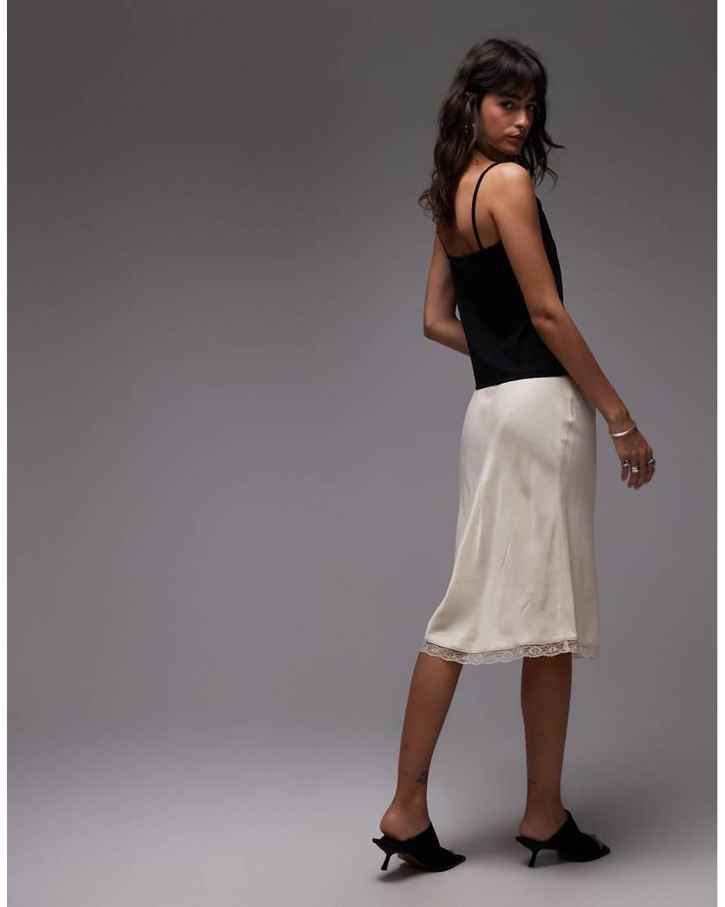 ASOS Gray Satin Lace Trim Bias Midi Skirt