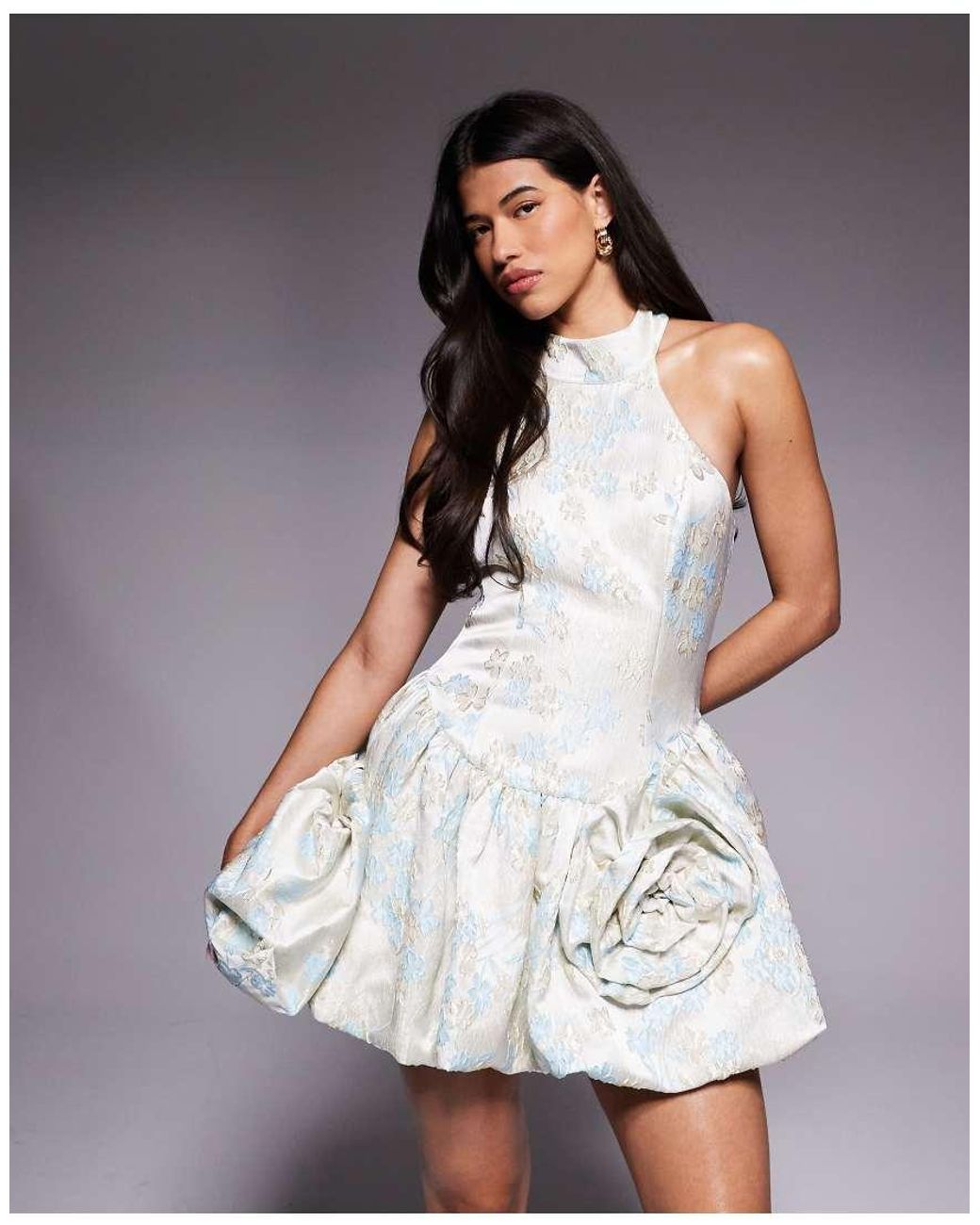 ASOS White Jacquard Mini Dress With Bubble Hem With Tie Neck