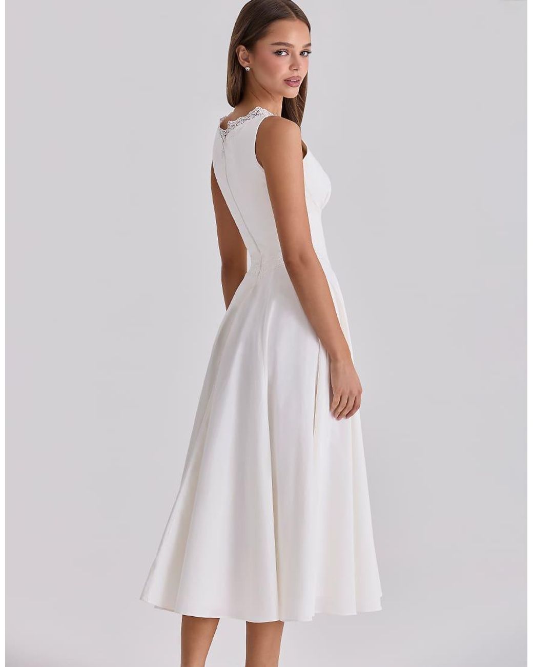 House Of Cb White Scarlett Cotton Lace Trim Waist Cinch Midi Dress