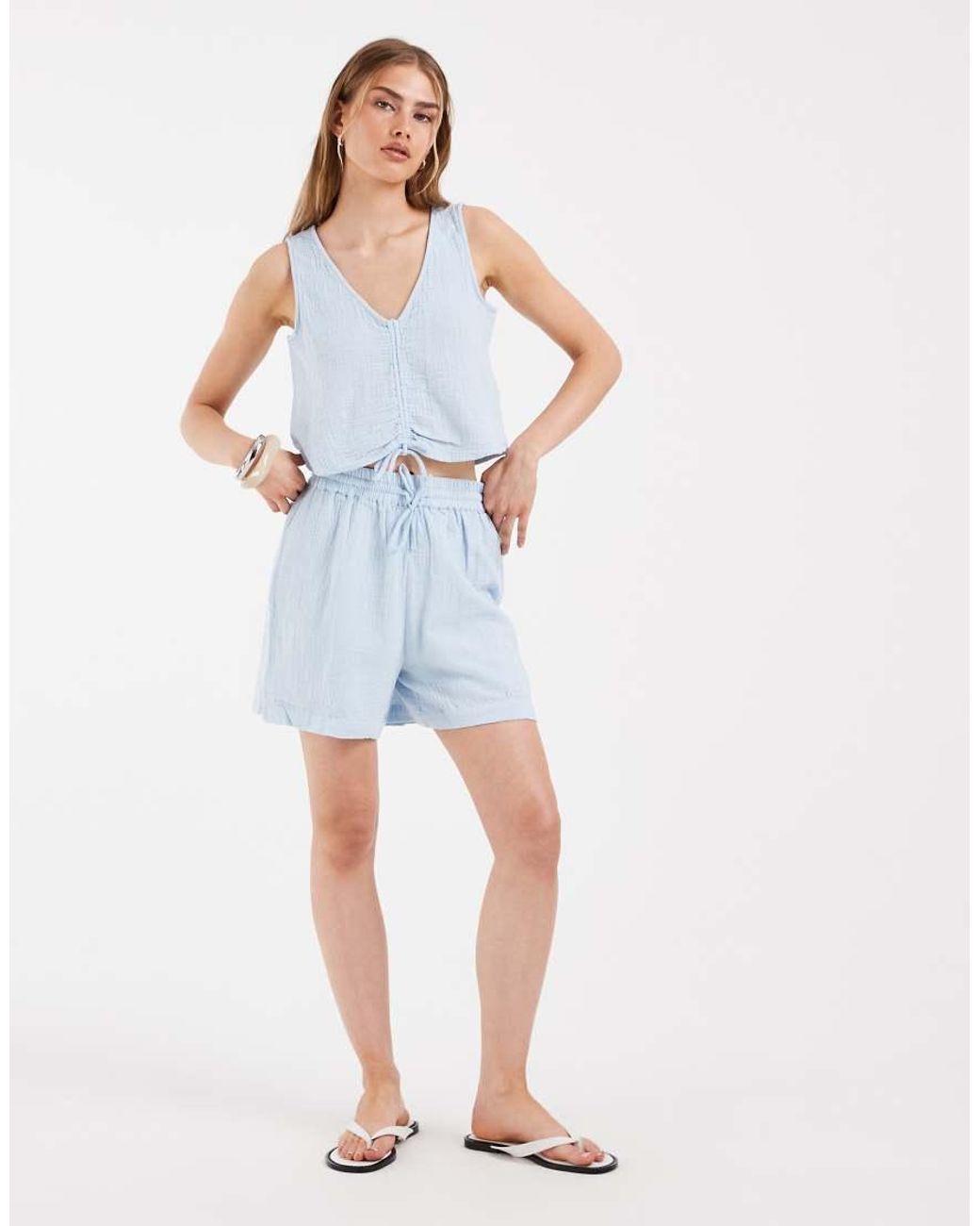 Pieces White Crinkle Cotton Sleeveless Tie Front Top