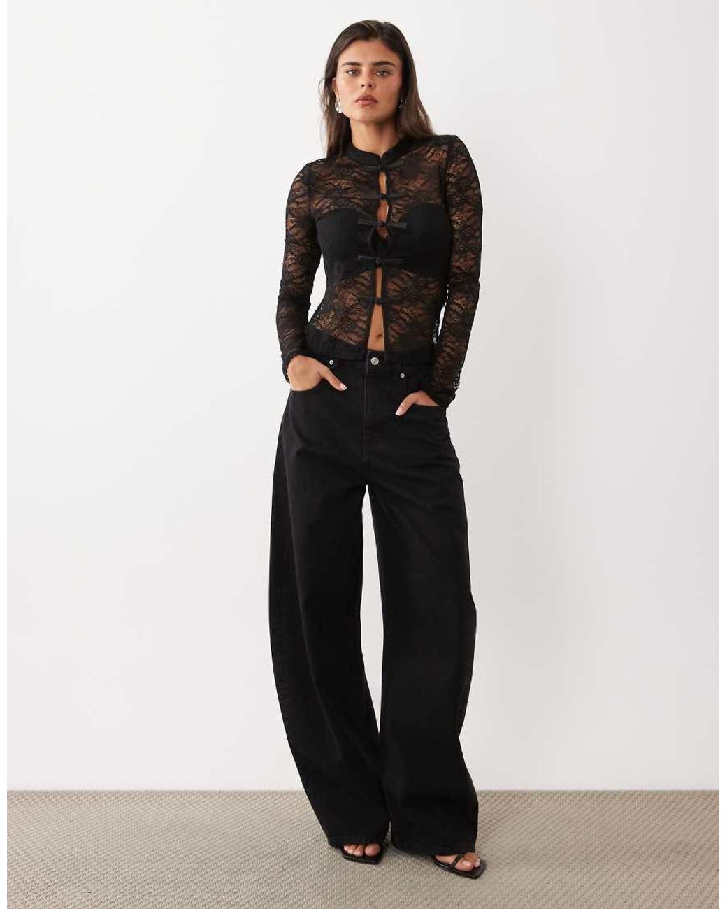 ASOS Black Long Sleeve Mandarin Collar Lace Top