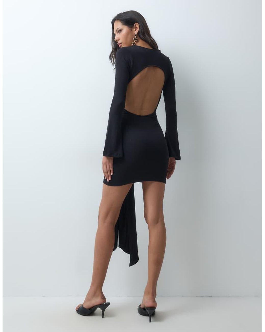 ASOS Black Long Sleeve Scoop Neck Mini Dress With Twist Drape Detail