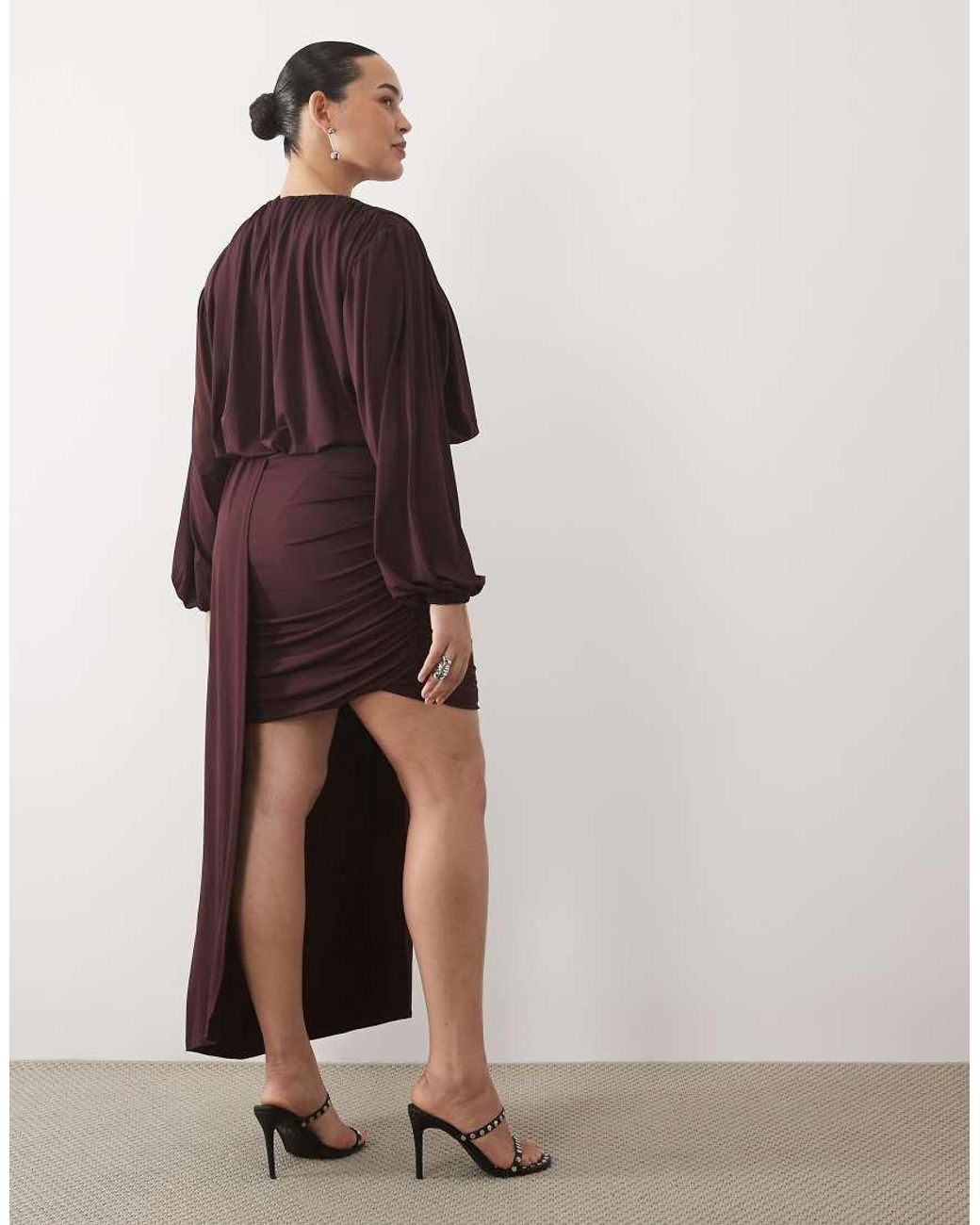 Pretty Lavish Curve Brown Jersey Blouson Sleeve Draped Sash Detail Mini Dress