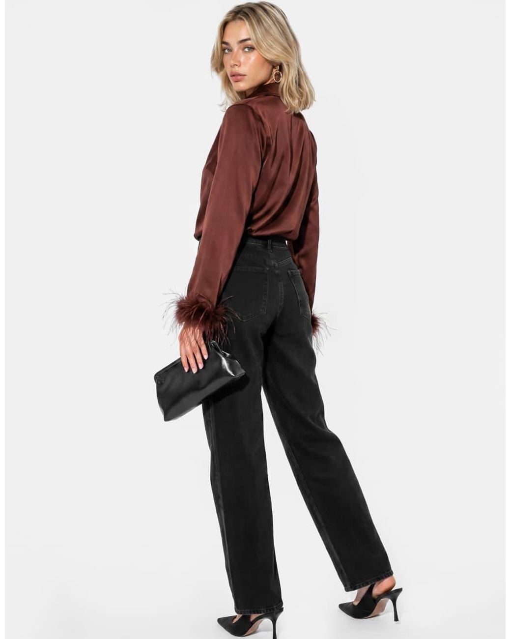 Lovedrobe Red Feather Cuffs Chocolate Satin Shirt
