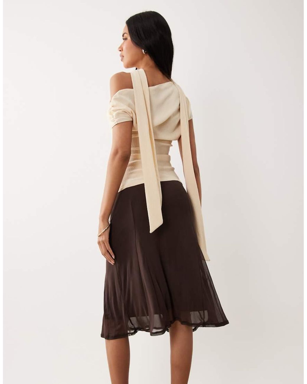 ASOS Natural Mesh Low Rise Midi Skirt With Godets