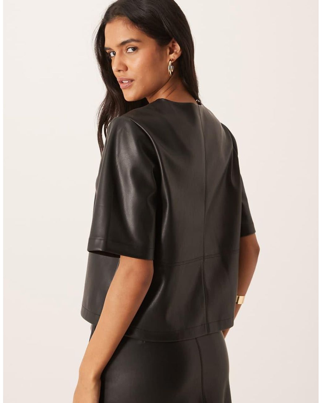 Gina Tricot Black Pu Boxy Fit Short Sleeve Top