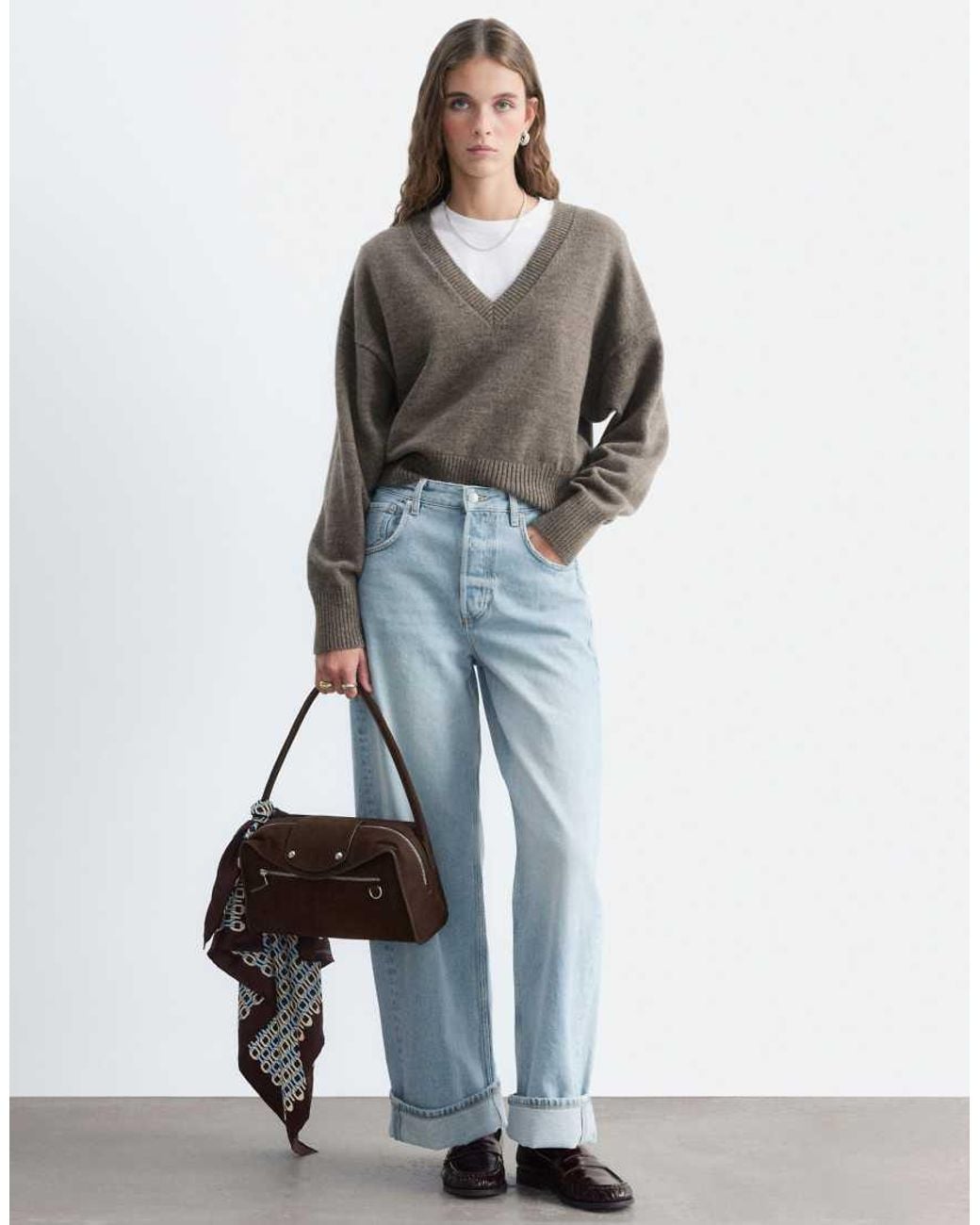 & Other Stories Brown V Neck Rib Sweater