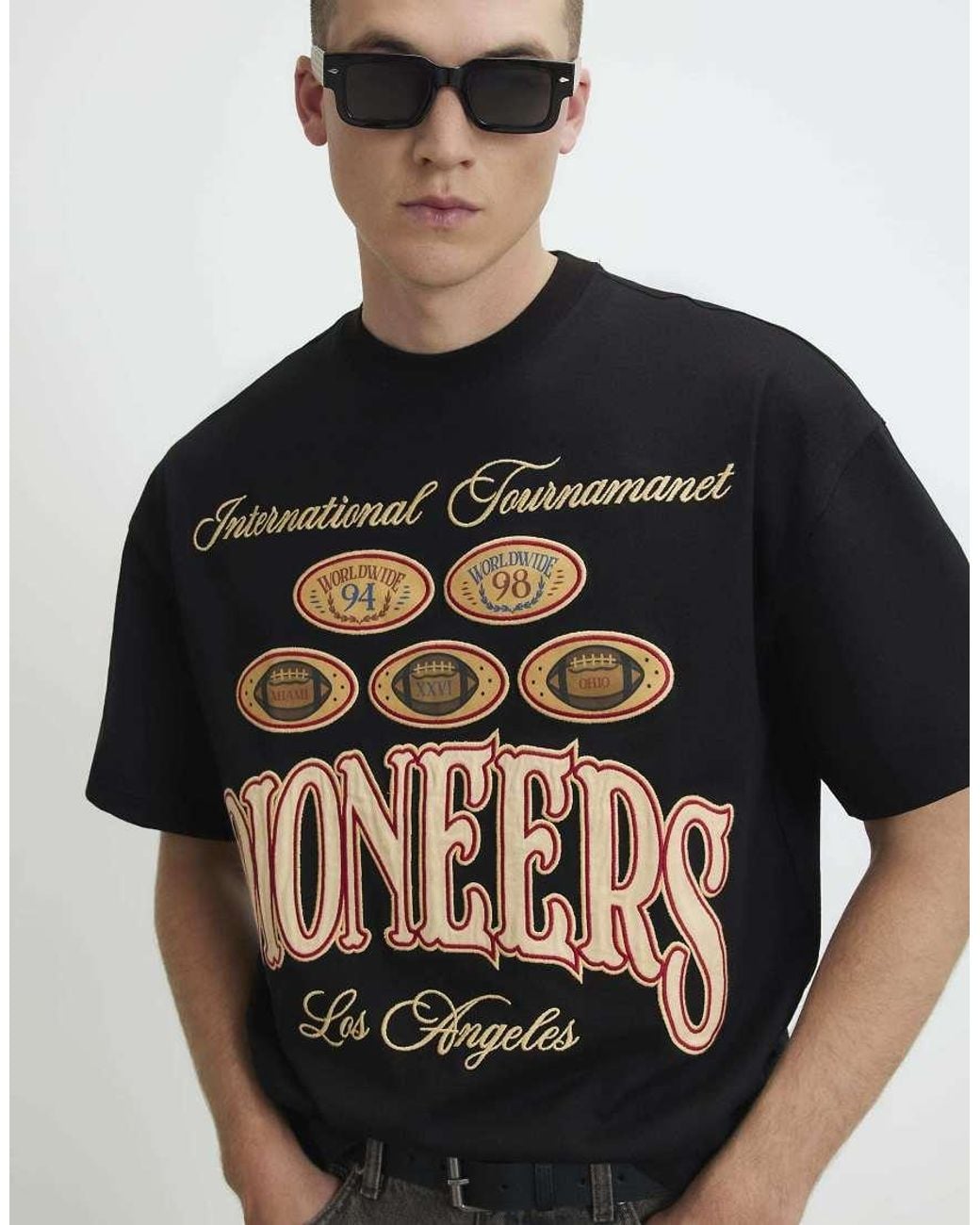 River Island Black Cotton Pioneers Badge T-Shirt for men