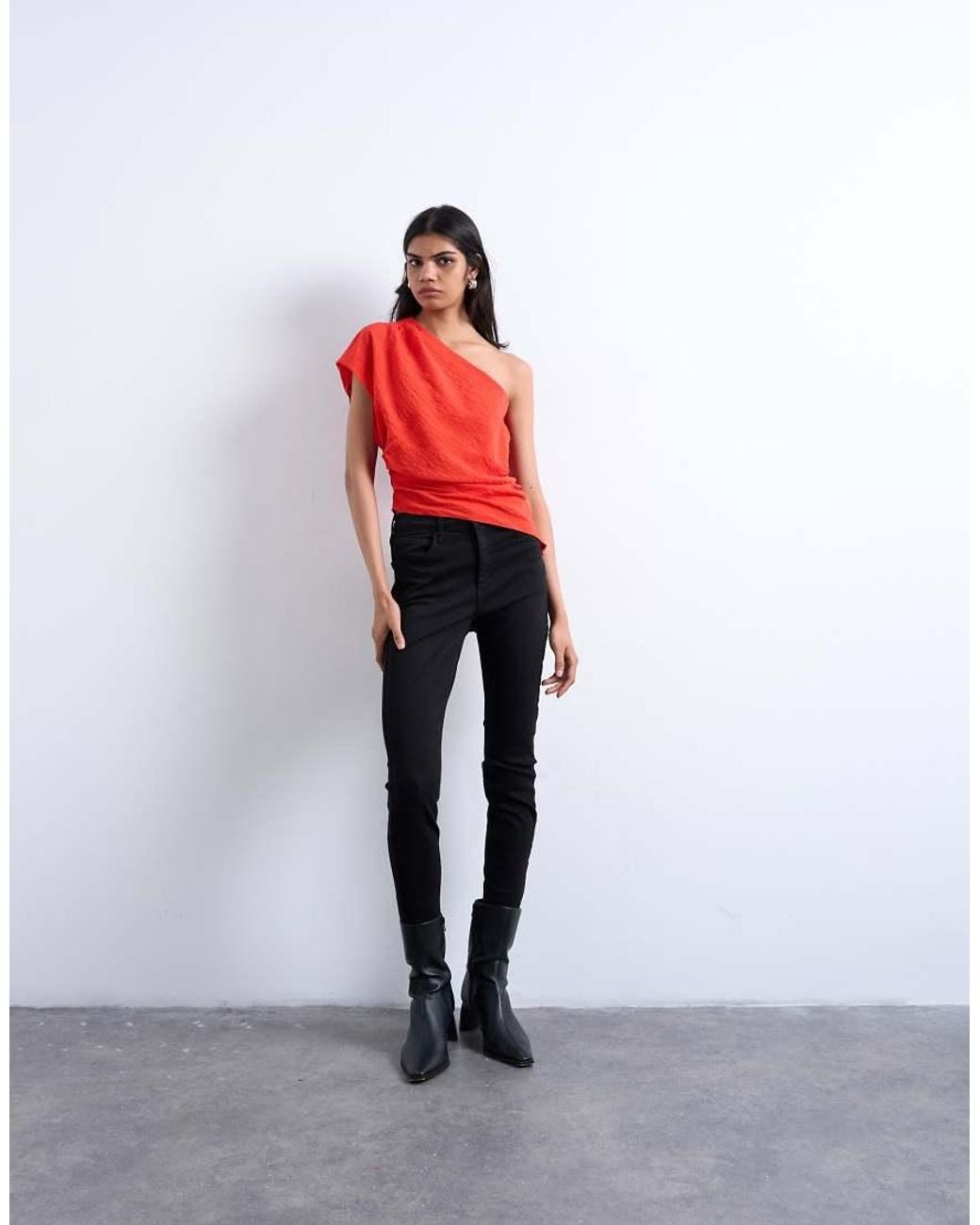 TOPSHOP Red One Shoulder Top