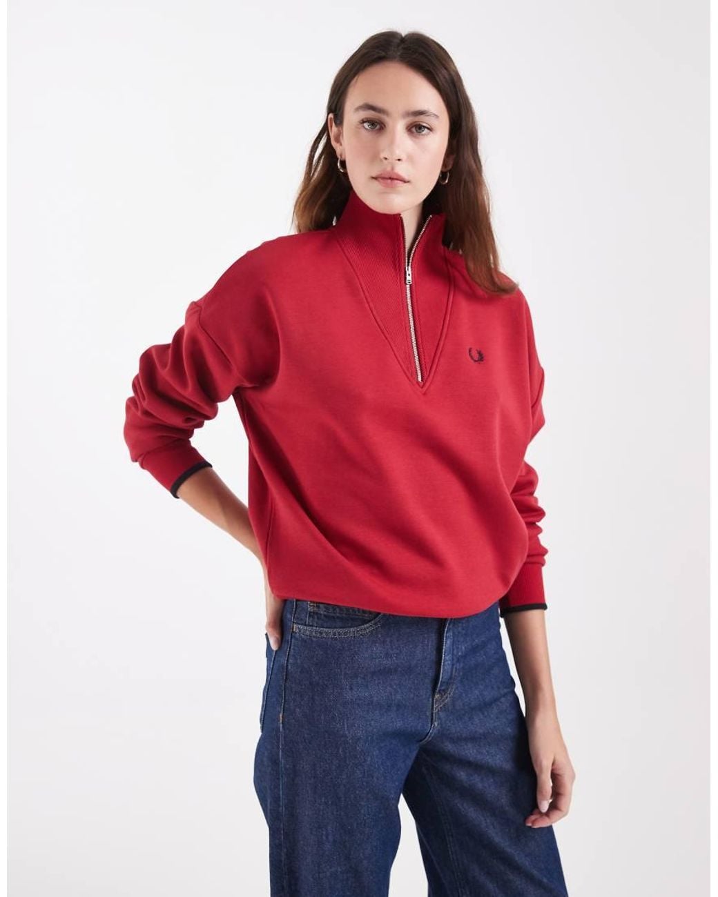 Fred Perry Red Half Zip High Neck Logo Sweatshirt