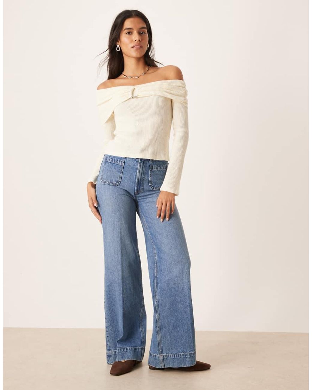 ASOS Blue Supersoft Brushed Rib Hardware Detail Off Shoulder Jumper