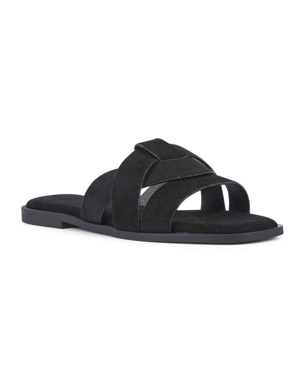 SEQWL Wide Fit Black Flat Mules Minimalist Slides With Crossover Strap Detail