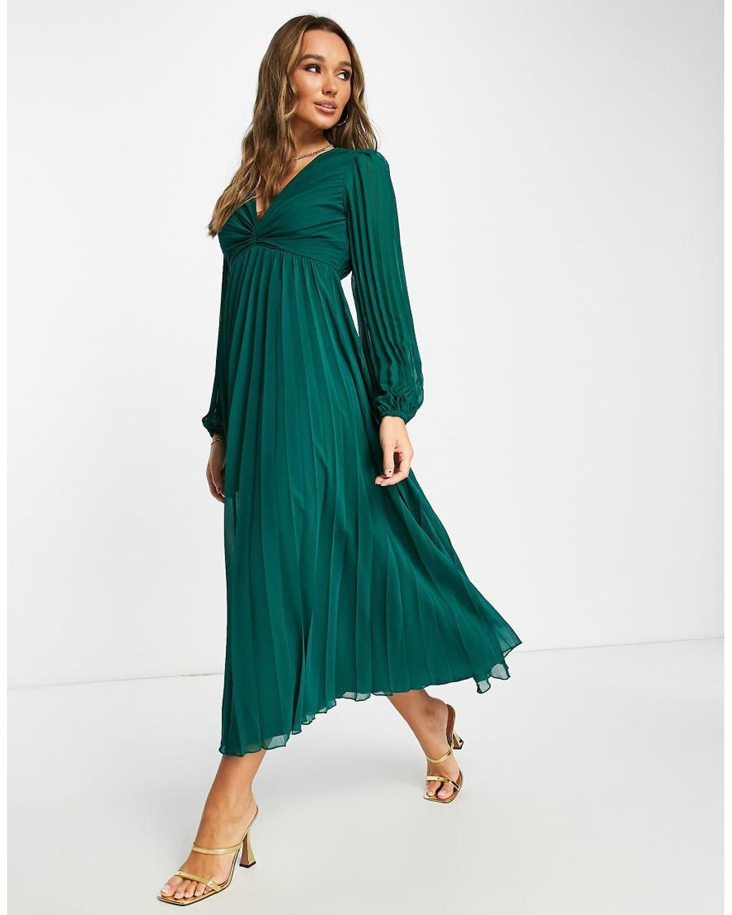 ASOS Green Pleated Bodice Plunge Neck Midi Dress