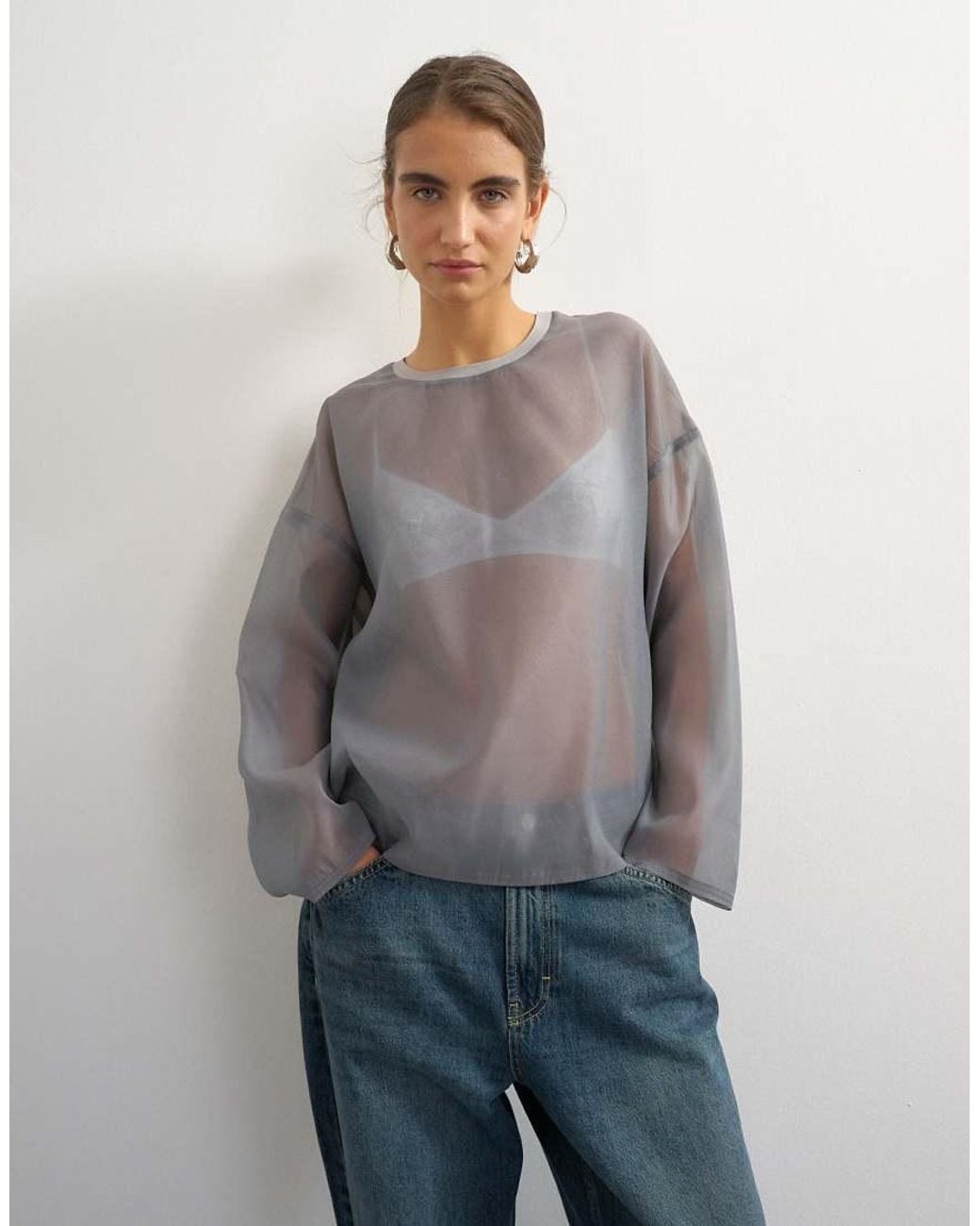 TOPSHOP Gray Organza Crew Neck Oversized Top