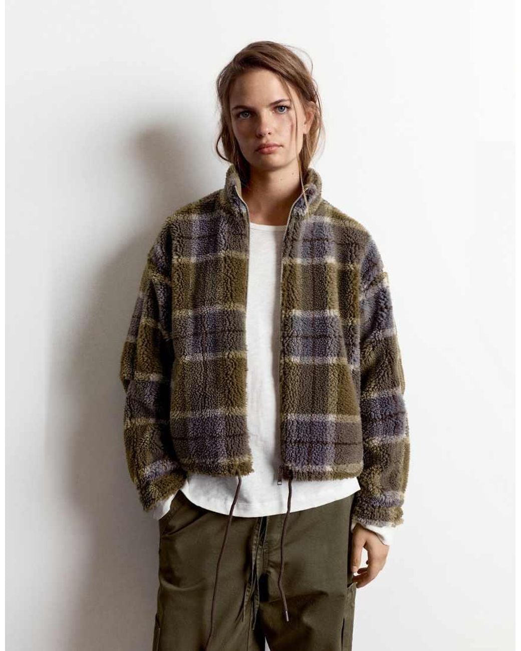 Pull&Bear Brown Check Faux Shearling Jacket