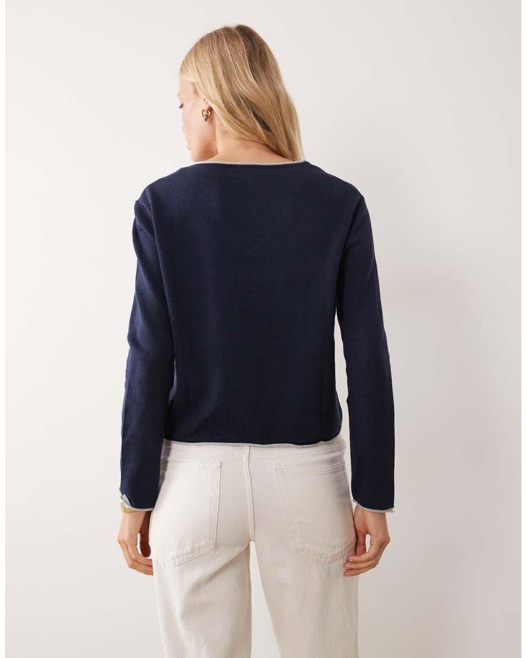 Mango Blue Teen V Neck Jumper With Contrast Trim