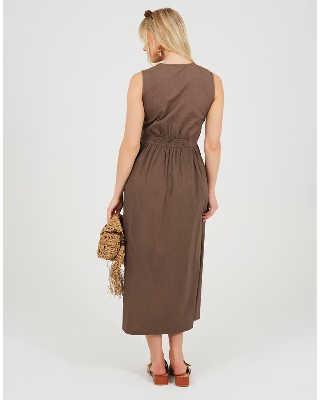 Brave Soul Brown Sleeveless V-Neck Button Down Midi Dress