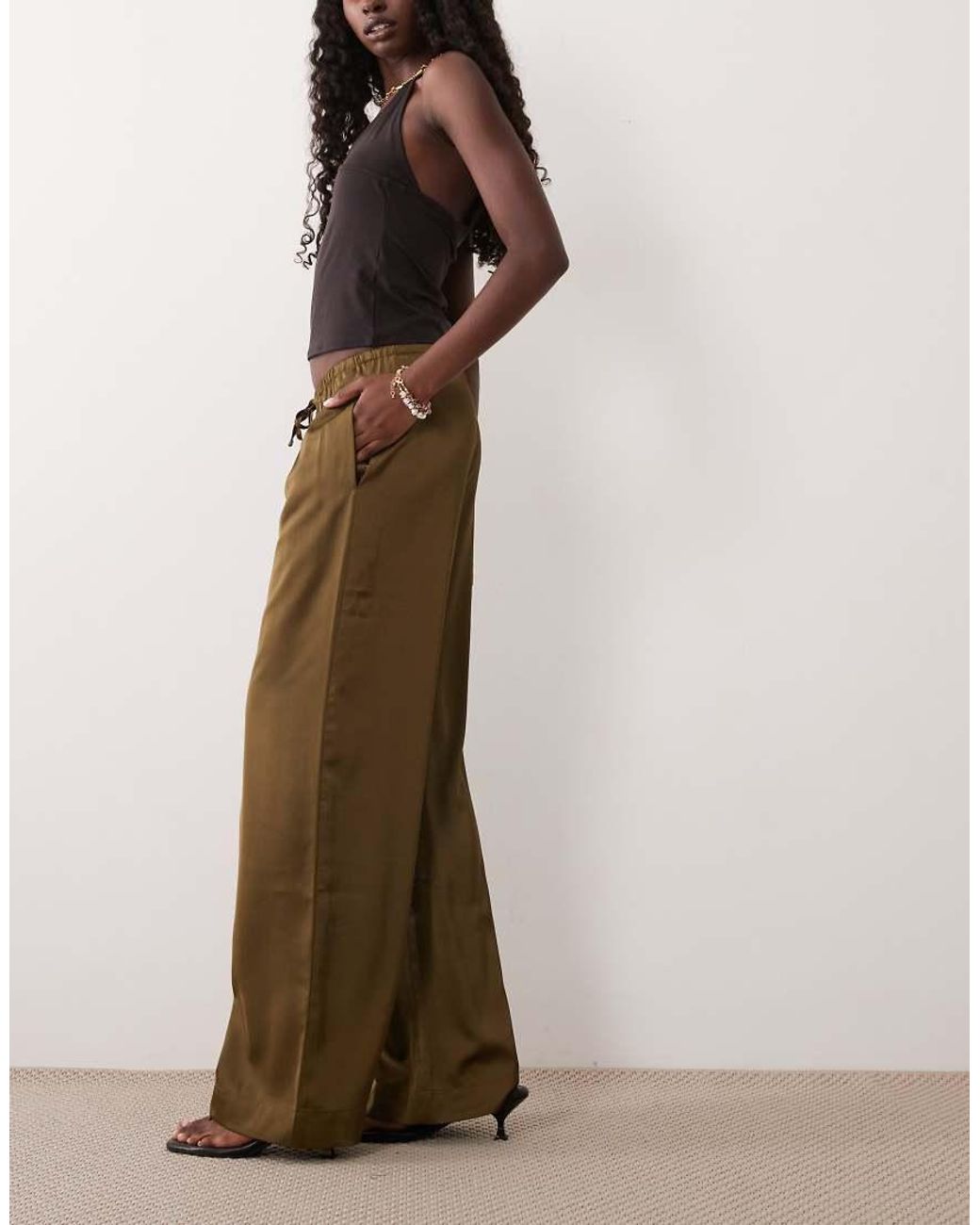 Nobody's Child Brown Lyra Satin Drawstring Wide Leg Trousers
