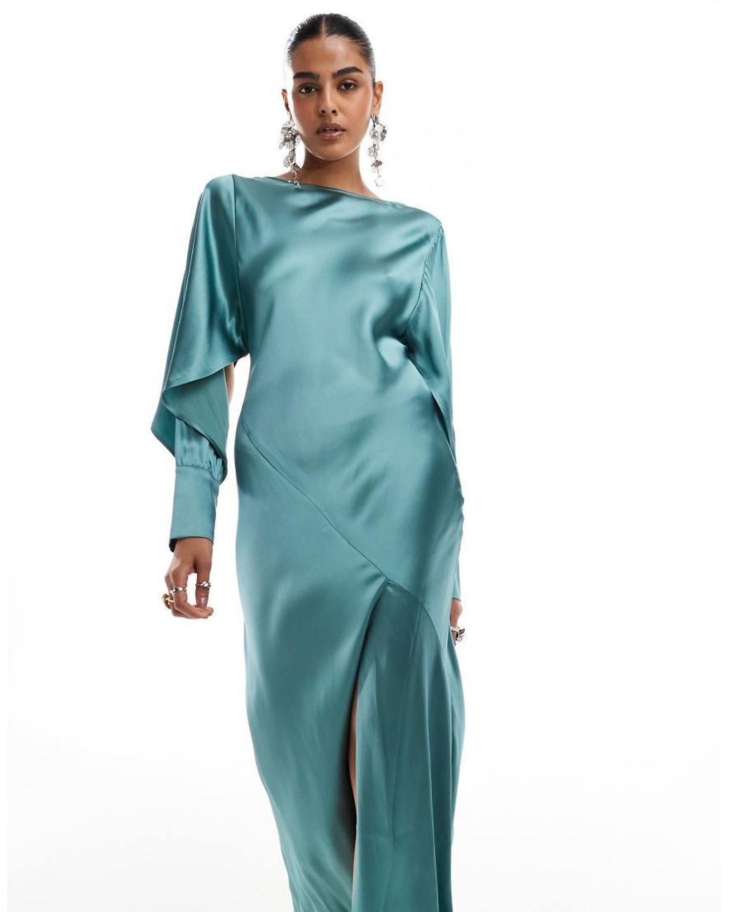 other stories blue satin dress & Other Stories Satin Long Sleeve Maxi Dress With Drape Back in Blue