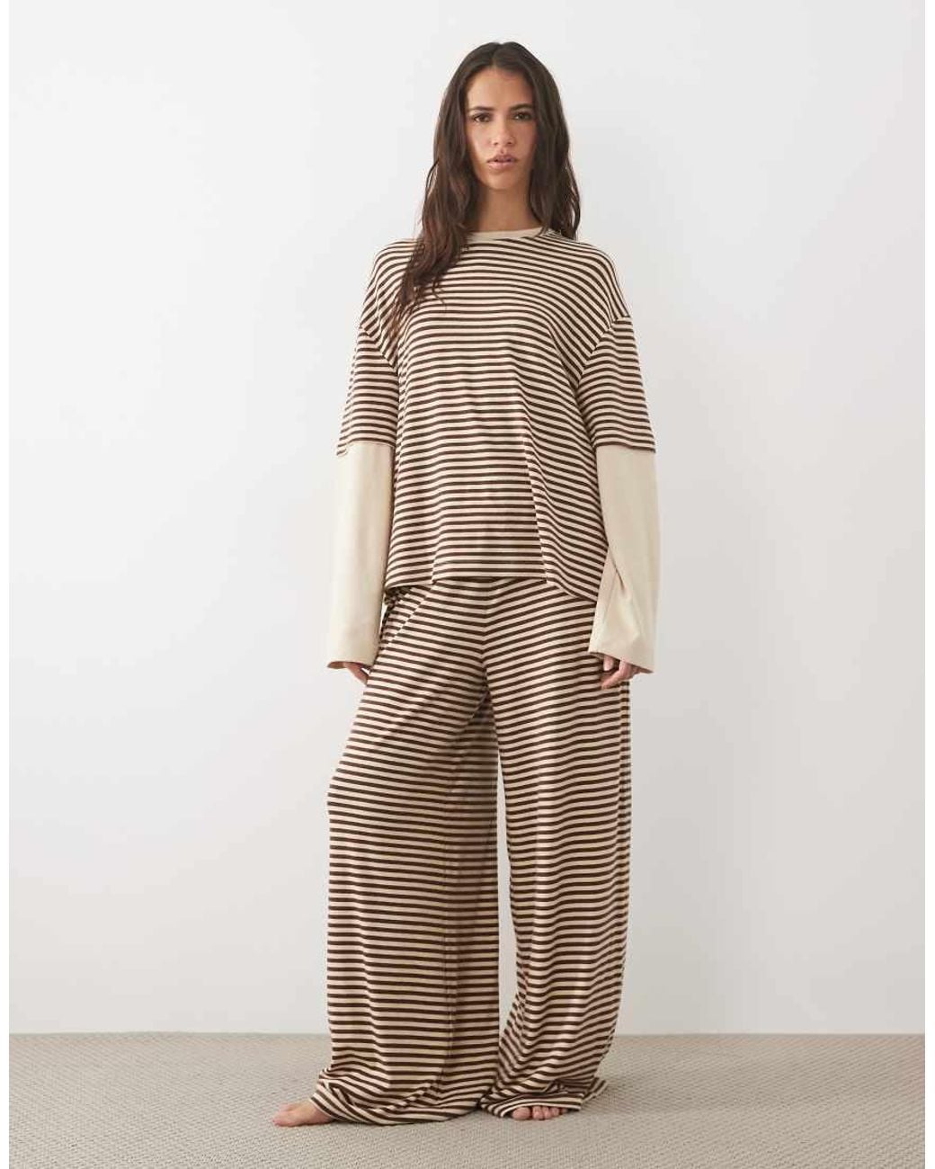 ASOS Brown Brushed Double Layer Long Sleeve Pyjama Set