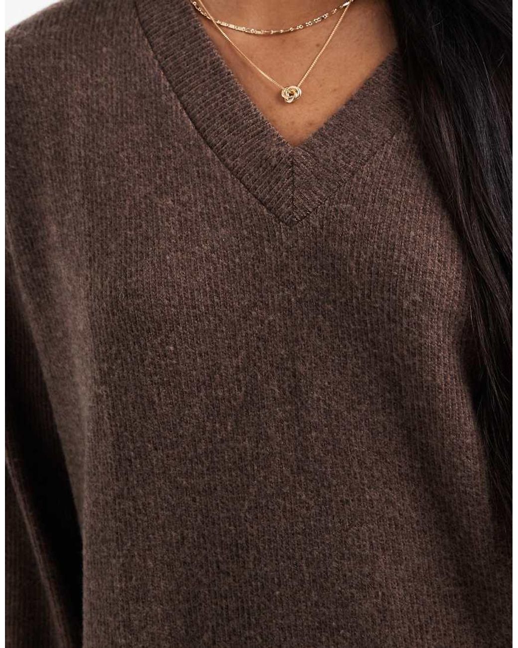 Vero Moda Brown Soft Rib Knit V Neck Midi Dress