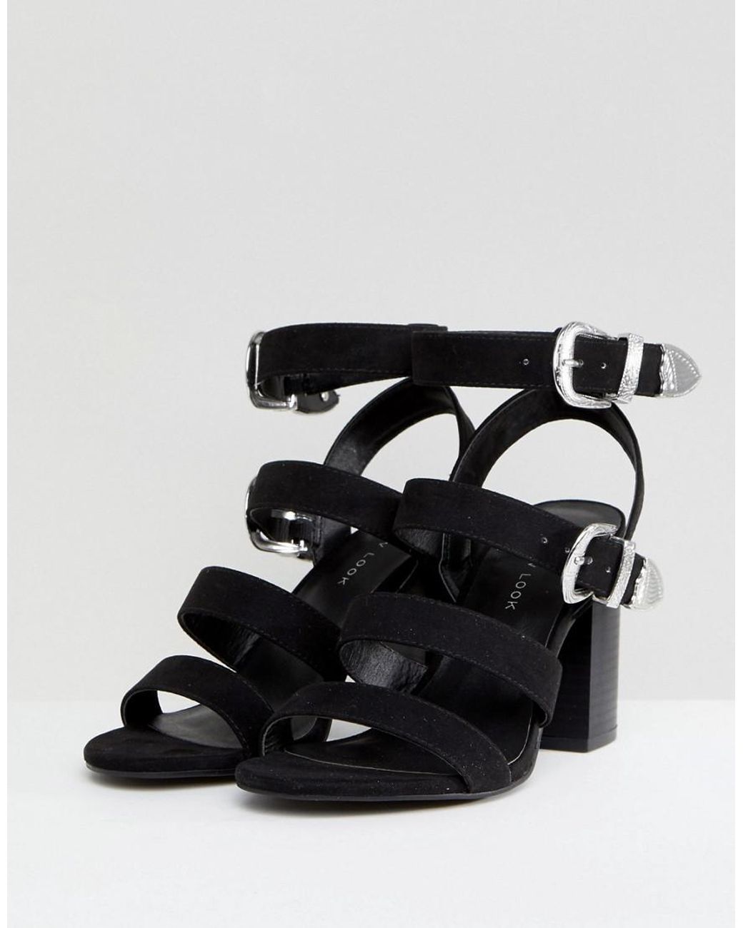 Wide Fit Black Multi Strap Mid Block Heel Sandals