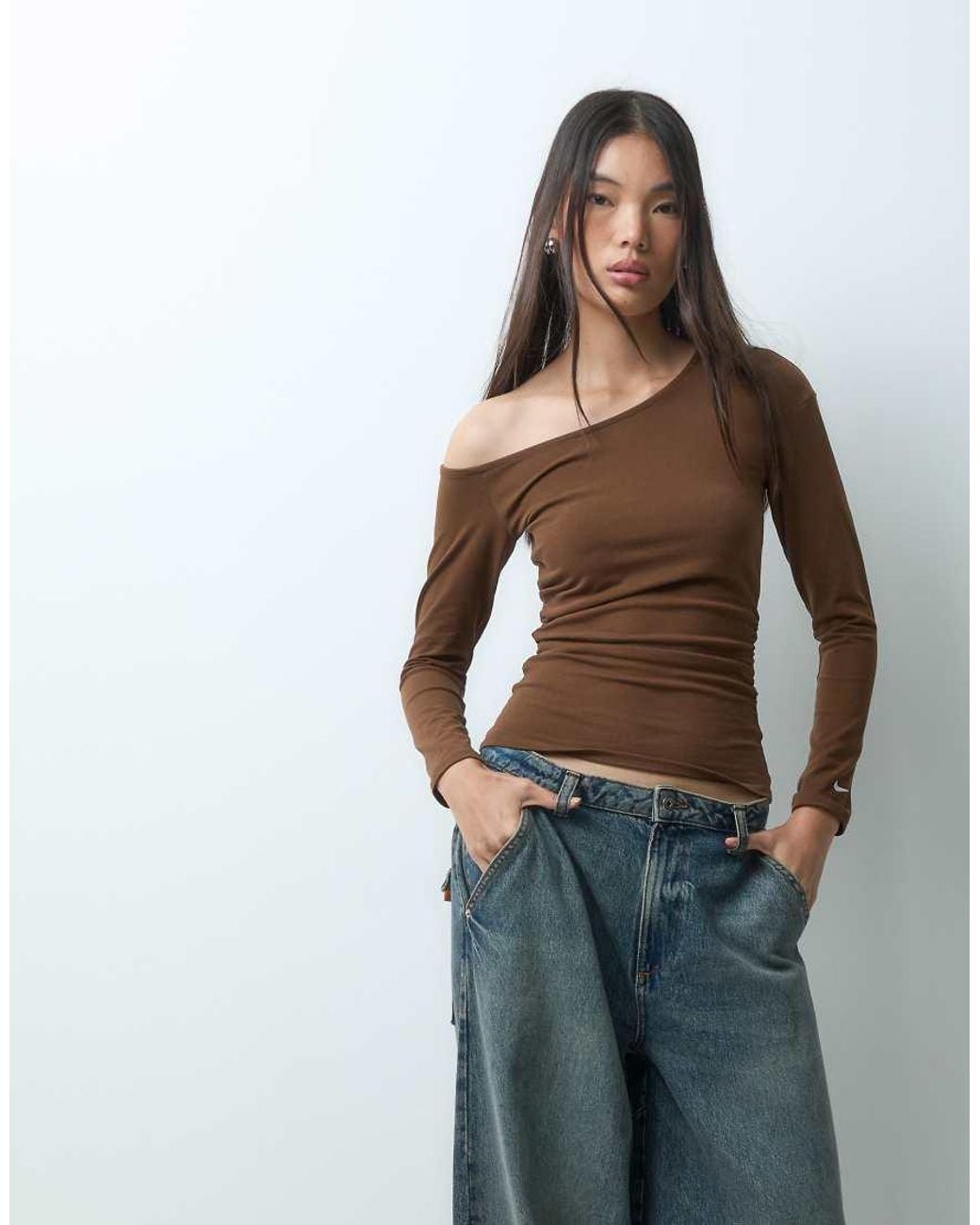 Nike Brown Long Sleeve Fitted Off The Shoulder Top