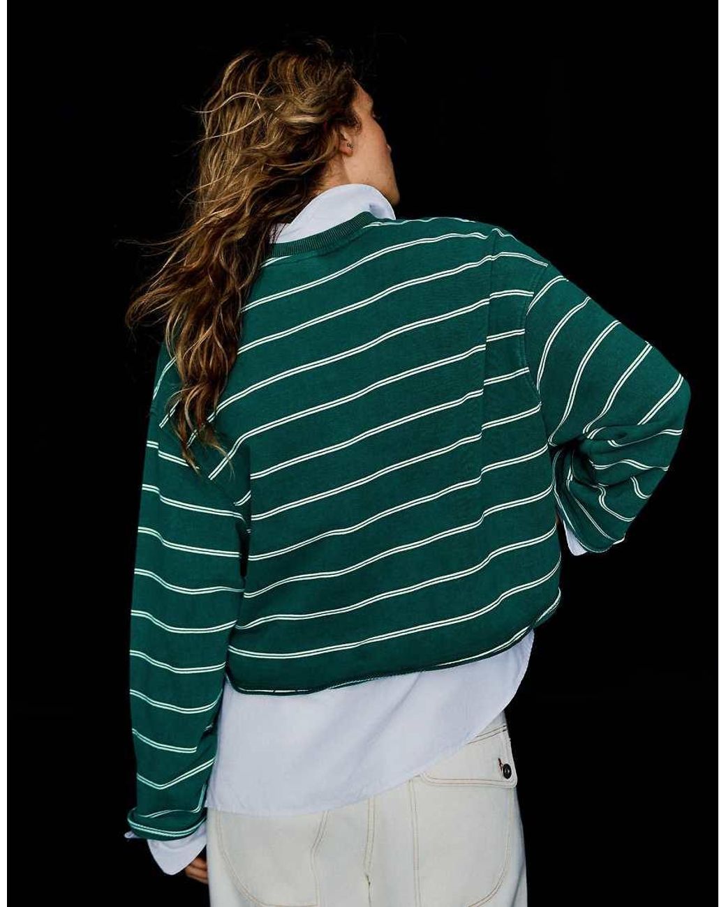 Bershka Green Striped Round Neck Sweatshirt