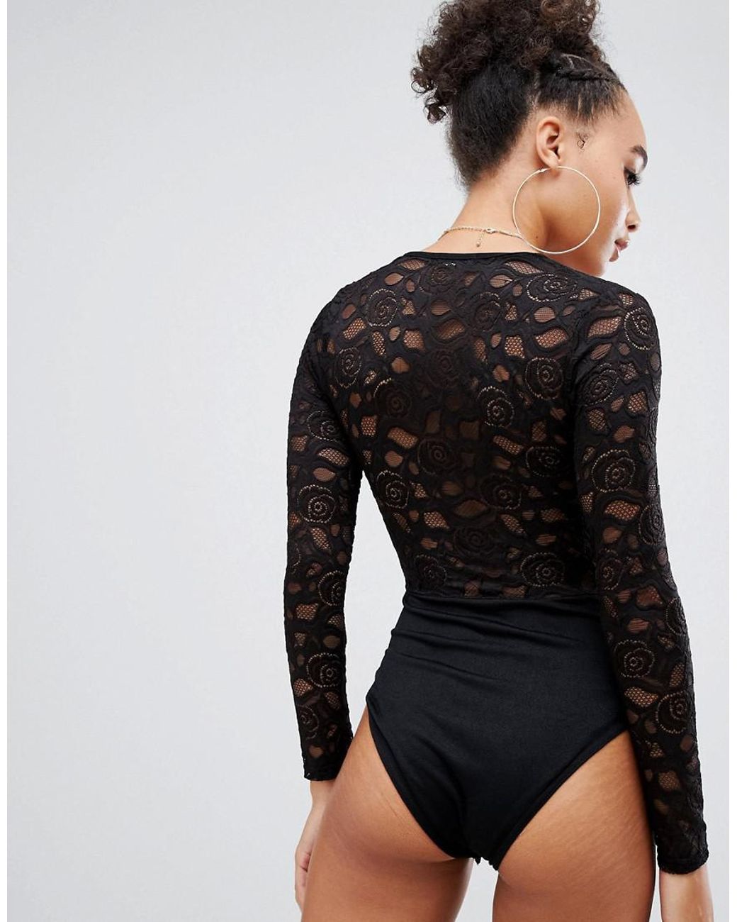 Boohoo Plunge Long Sleeved Lace Bodysuit in Black