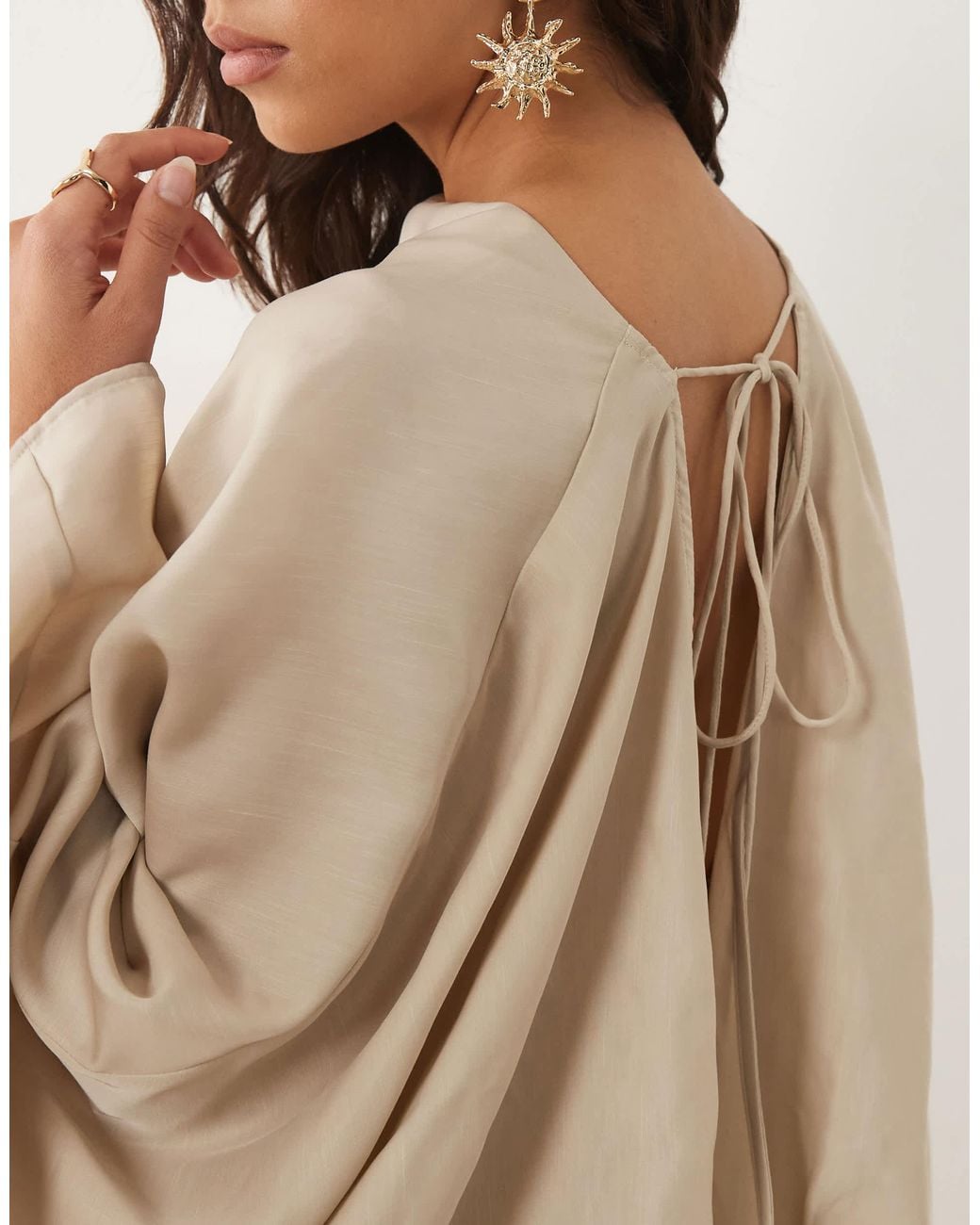 ASOS Cape Sleeve Open Back Mini Dress With Tassels in Natural | Lyst