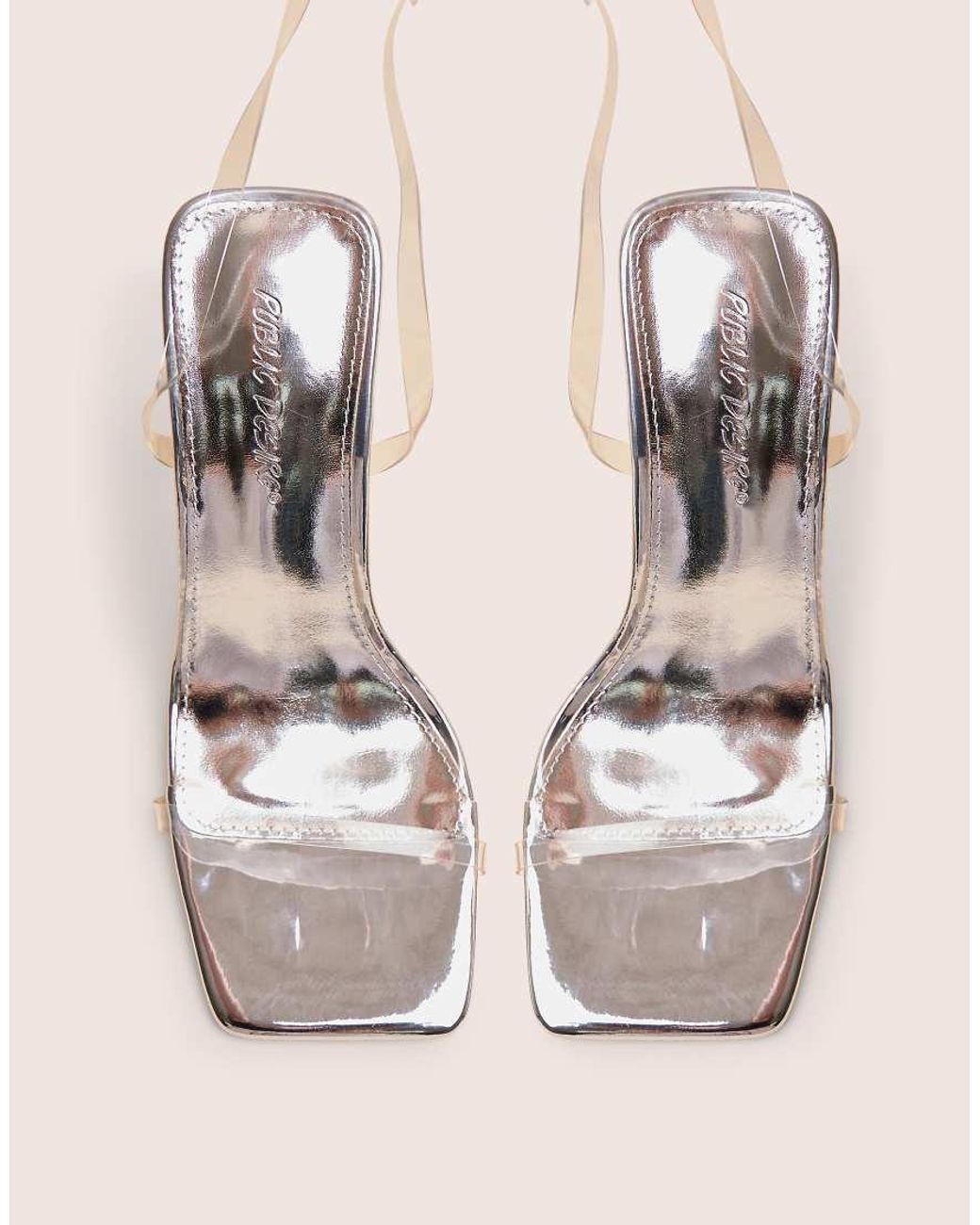 Public Desire Blue Rya Mirror Square Toe Strappy Barely There Stiletto High Heels