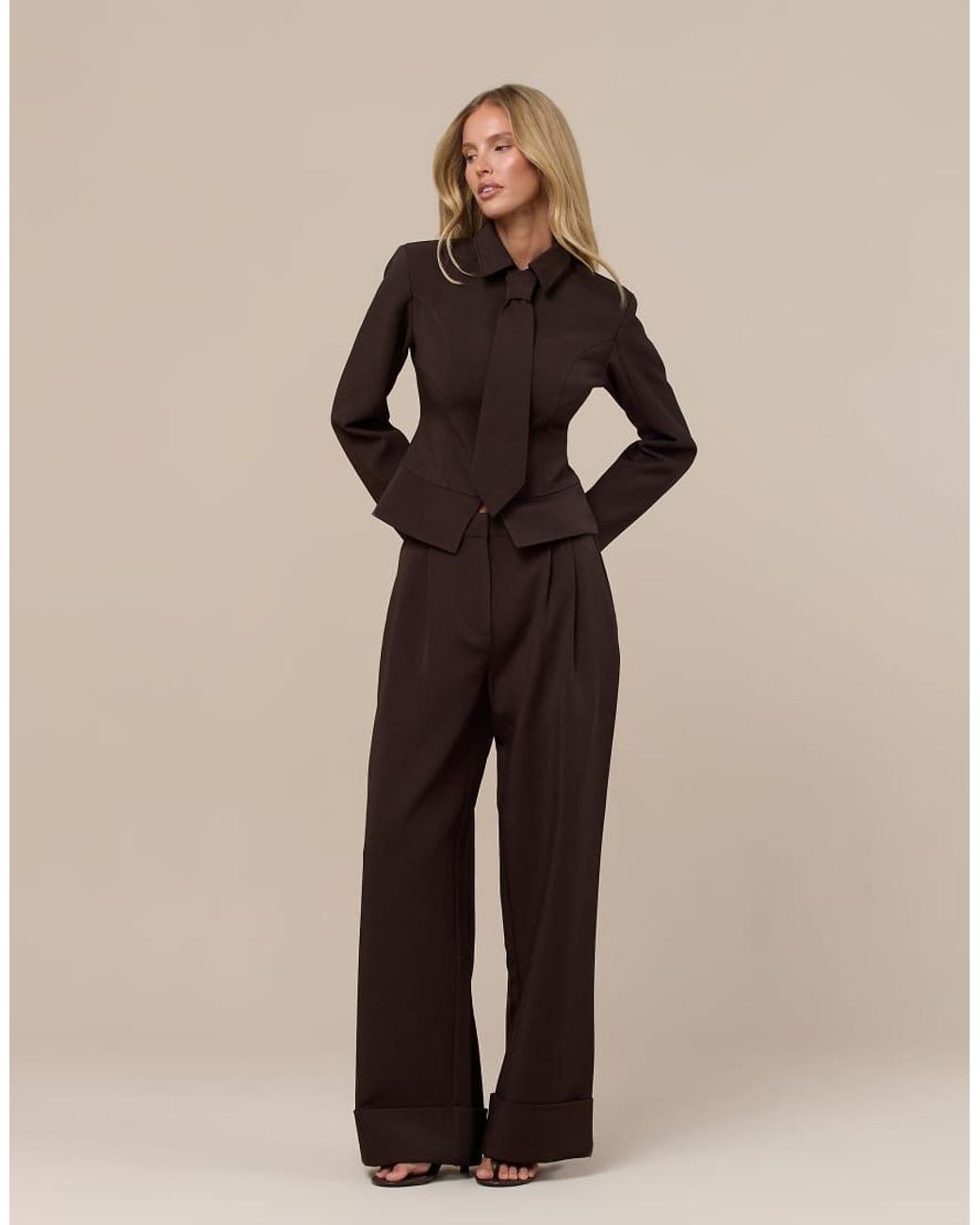 Wanderdoll Brown Exclusive Gabriella Zip Through Shirt With Removable Tie Co-Ord